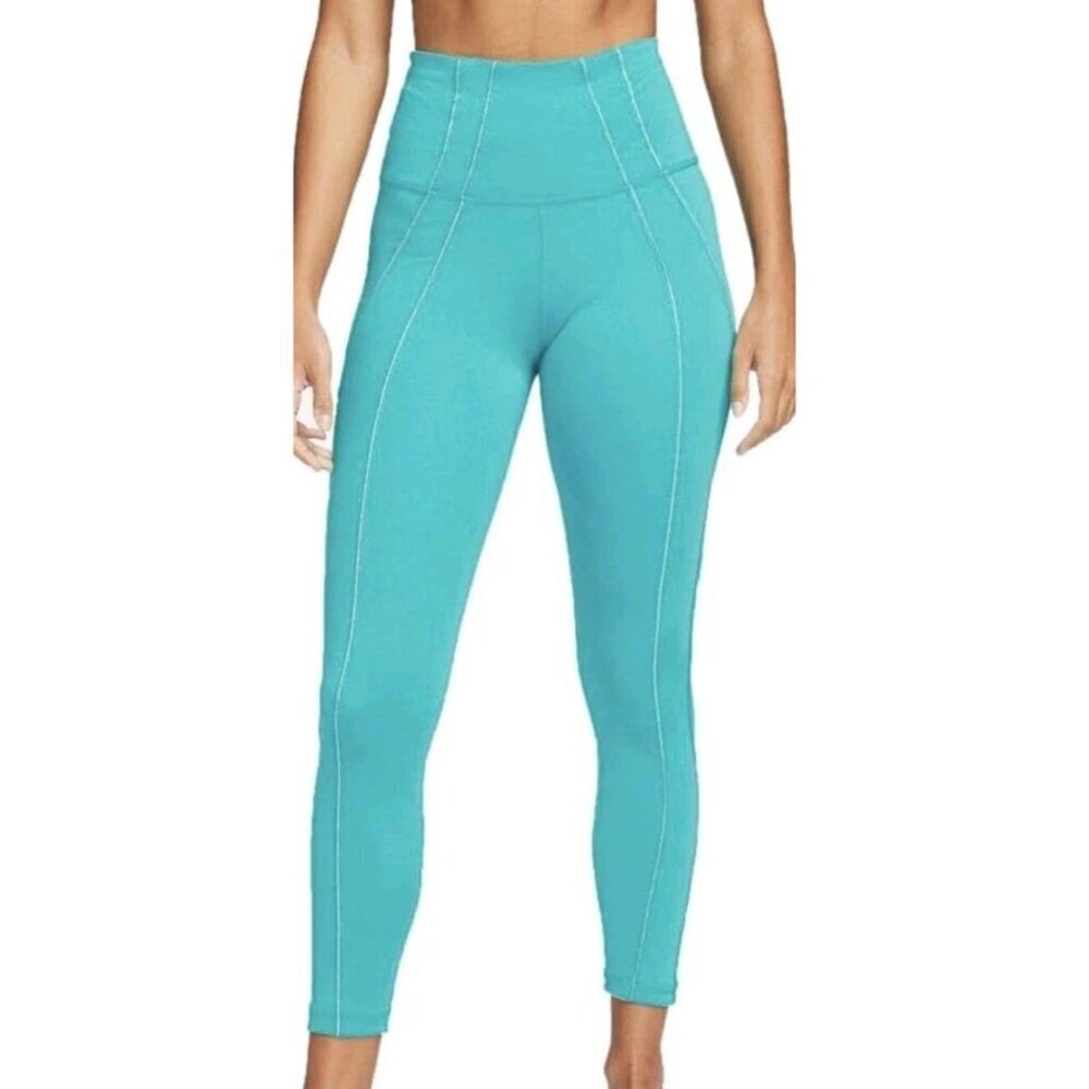Nike Lurex Leggings Turquoise Dri-Fit Yoga 7/8 Metallic Stripe High Waist Sz S